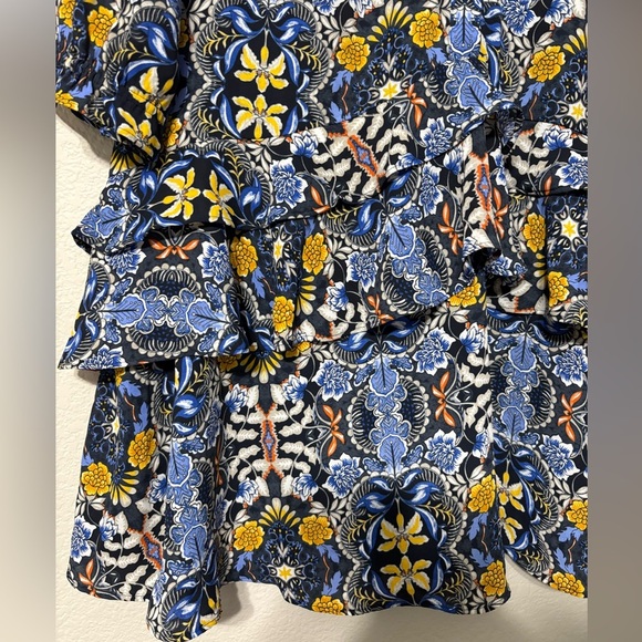 LOFT Long Sleeve Ruffled Drop Wsist Shift Dress. Navy with Yellow Floral Print - Picture 5 of 14